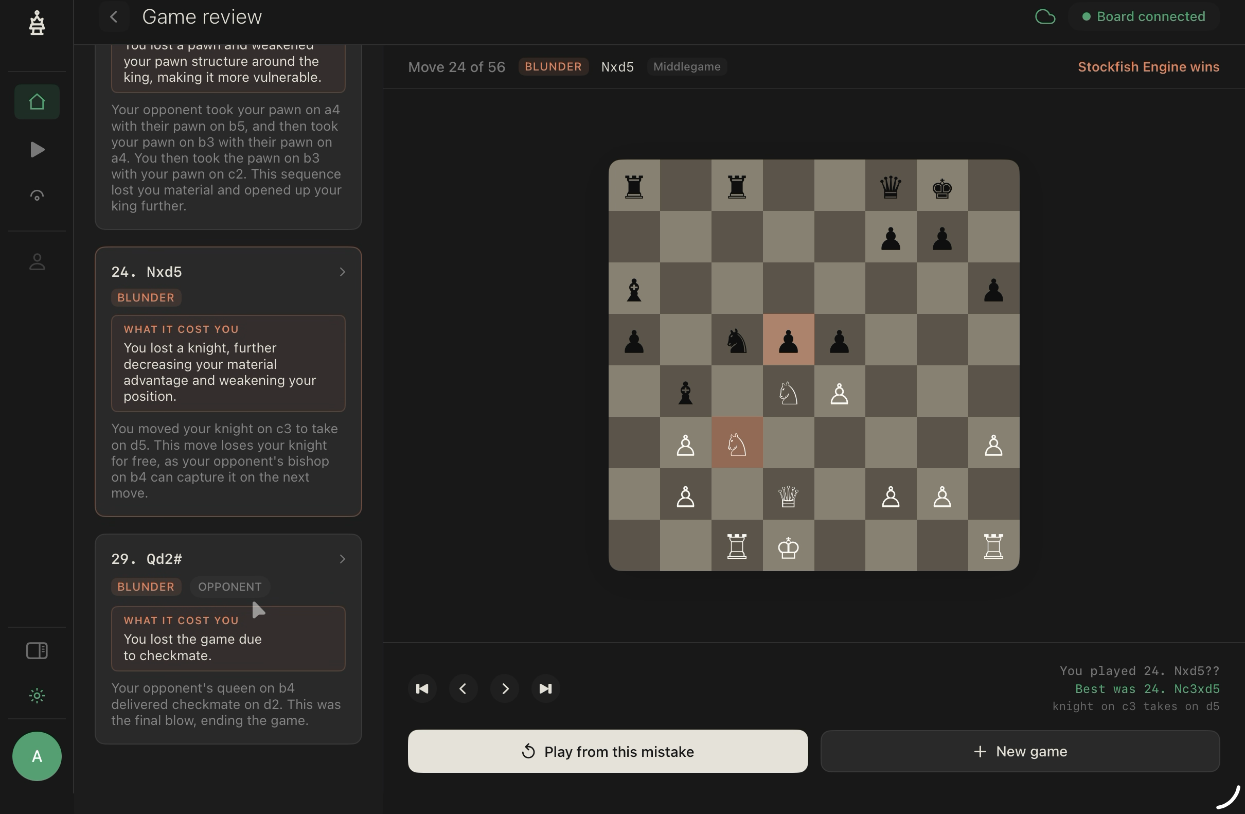Kernel Chess game review highlighting a blunder and what it cost